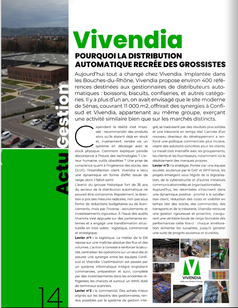 Acteur majeur de la distribution automatique de boissons, de snacking et de confiserie, le Groupe CELINZO, qui rassemble les sociétés VIVENDIA et CONFISUD, franchit une étape structurante de son développement en modernisant sa logistique sur son site de Sénas (13).
